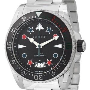 Gucci Stainless Steel Dive Watch with Black Dial and Red & Blue Accents